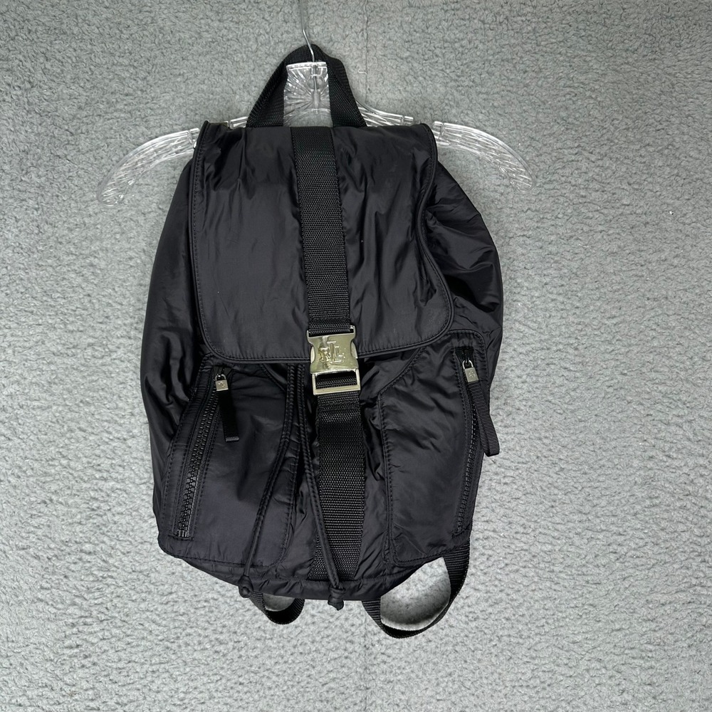 Lauren Ralph Lauren Black Nylon Drawstring Backpack Buckle Flap RLL Logo Bag